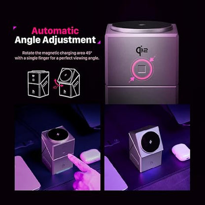 Rubik's Cube Rotating Magnetic Wireless Charger 3-in-1 Intelligent Fast Charging Station 15W for iPhone 12/13/14/15/16 Series, Apple Watch & AirPods Series